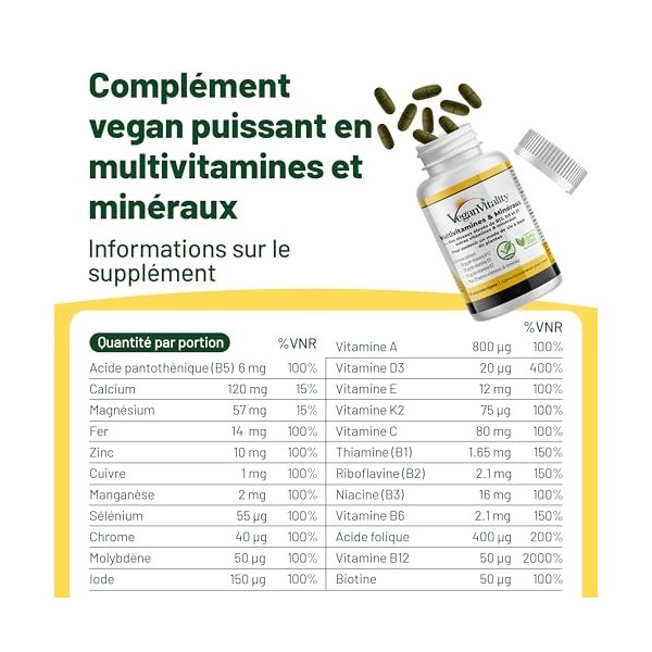 Multivitamines et minéraux vegan – Source renforcée de vitamine C, vitamine k2, B12 et fer - 180 pilules vegan multivitamines...