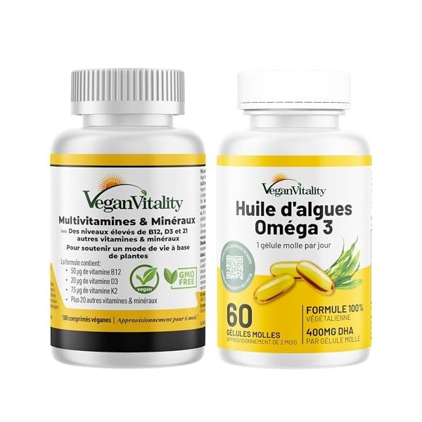 Multivitamines et minéraux vegan – Source renforcée de vitamine C, vitamine k2, B12 et fer - 180 pilules vegan multivitamines...
