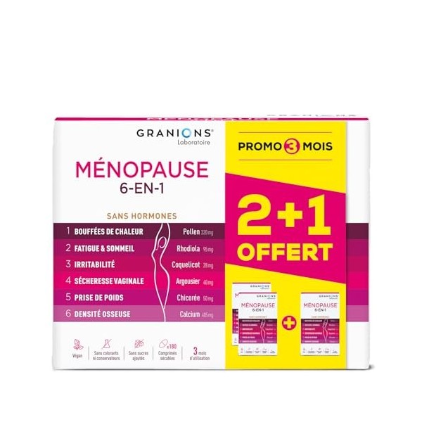 GRANIONS - MENOPAUSE 6-EN-1-3 MOIS | Menopause Bouffee de Chaleur et Poids - Ménopause Perte de Poids - Bouffees de Chaleur, 