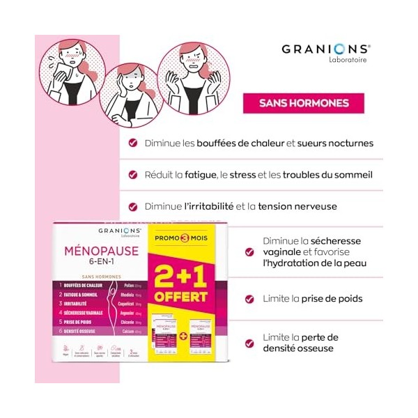 GRANIONS - MENOPAUSE 6-EN-1-3 MOIS | Menopause Bouffee de Chaleur et Poids - Ménopause Perte de Poids - Bouffees de Chaleur, 