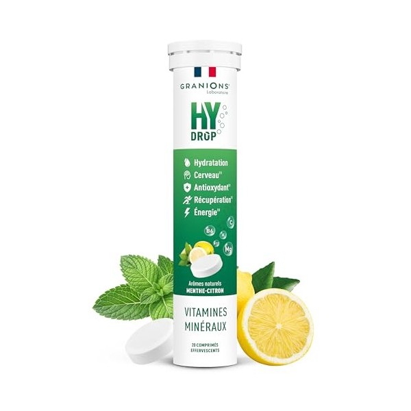 GRANIONS HYDROP Menthe Citron – Pastilles Hydratation SANS SUCRES – Électrolytes Hydratation – Vitamines & Minéraux – Magnési
