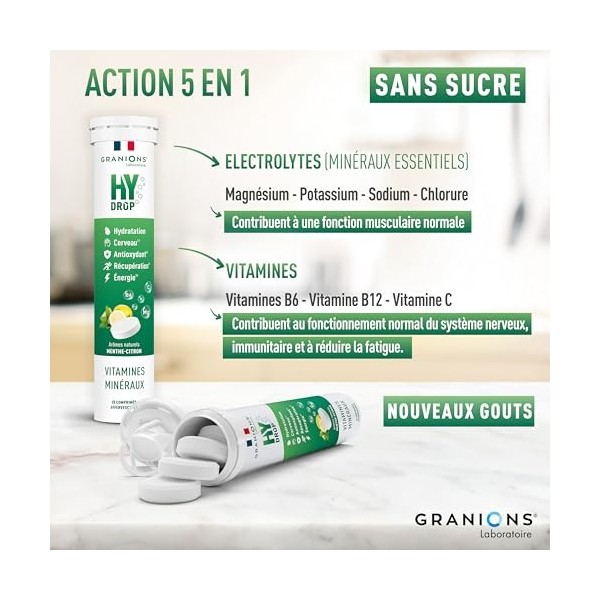 GRANIONS HYDROP Menthe Citron – Pastilles Hydratation SANS SUCRES – Électrolytes Hydratation – Vitamines & Minéraux – Magnési