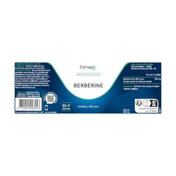 Berbérine Pure concentrée à 98% - Glycémie & Cholestérol - Extraite de Berberis Aristata - 60 Gélules de 300mg - Haut grade d