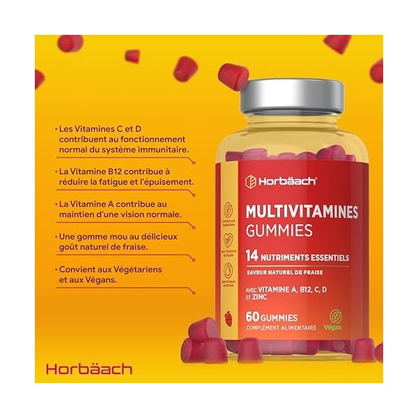 Multivitamines Gummies Adulte | 14 Vitamines Minéraux Essentiels - Vitamine A, Vitamine B12, Vitamine C, Vitamine D et Zinc |