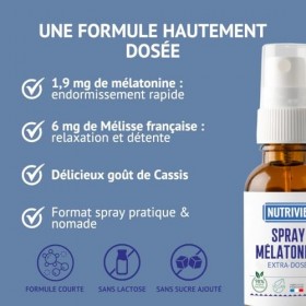 Spray Mélatonine 1,9 mg - Endormissement Rapide & Sommeil Réparateur - Enrichi en Mélisse française - Effet Immédiat - 20 ml 