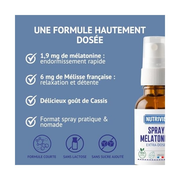 Spray Mélatonine 1,9 mg - Endormissement Rapide & Sommeil Réparateur - Enrichi en Mélisse française - Effet Immédiat - 20 ml 