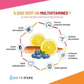 Nutripure | Multivitamines et Minéraux 21 Nutriments Essentiels | Vitamines A, C, D, B1, B2, B3, B6, B9, B12, Magnesium, Zinc...