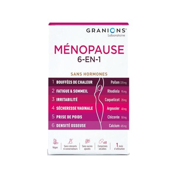 GRANIONS - MENOPAUSE 6-EN-1 | 1 MOIS - Menopause bouffee de chaleur et poids - Ménopause Perte de Poids - Bouffees de Chaleur