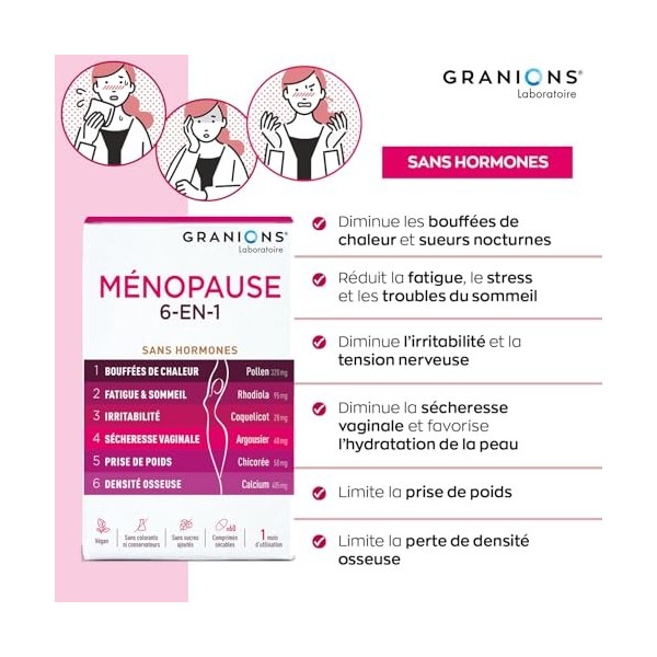 GRANIONS - MENOPAUSE 6-EN-1 | 1 MOIS - Menopause bouffee de chaleur et poids - Ménopause Perte de Poids - Bouffees de Chaleur