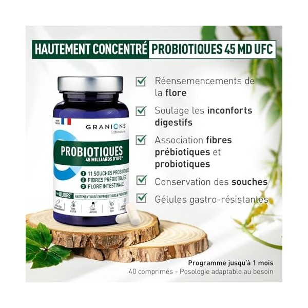 GRANIONS | Probiotique 45 Milliards d’UFC – Complement Alimentaire pour Flore Intestinale - Flore intime – Digestion Difficil