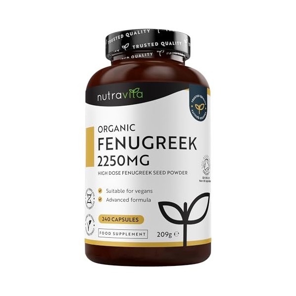 Fenugrec Bio 2250mg par dose de 3 Capsules, jusquà 8 mois dApprovisionnement - 240 Fenugrec Gelule Véganes - 1-3 Capsules p