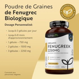 Fenugrec Bio 2250mg par dose de 3 Capsules, jusquà 8 mois dApprovisionnement - 240 Fenugrec Gelule Véganes - 1-3 Capsules p