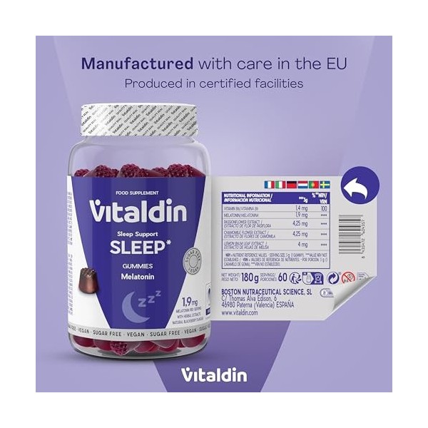 Vitaldin Gummies Mélatonine 1,9 mg – Avec Vitamine B6, Passiflore, Camomille et Mélisse – Pour Dormir et Améliorer la Qualité