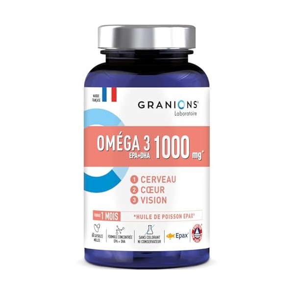 OMEGA 3 1000 mg GRANIONS | Huile de Poisson Sauvage EPAX -Haute Concentration Omega 3 DHA EPA + Vitamine E - Complément Alime