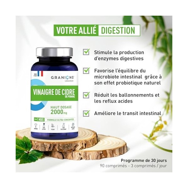 GRANIONS - Vinaigre de Cidre de Pomme 2000 MG - Coupe Faim & Perte de Poids - Probiotique Naturel - Vinaigre de Cidre Perte d