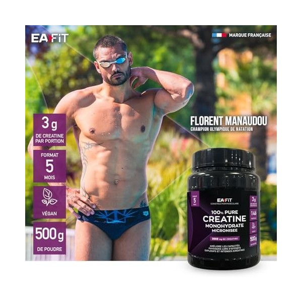 EAFIT PURE CREATINE MONOHYDRATE MICRONISÉE 500g - 5 Mois - Creatine Monohydrate Poudre - Musculation Homme - Prise de Masse -