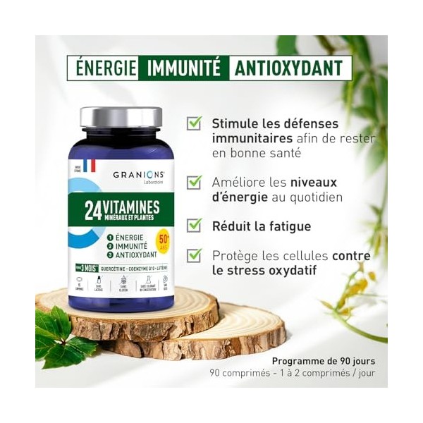 GRANIONS 24 VITAMINES - Multivitamines et Minéraux - Magnesium, Zinc, Vitamine C, Selenium, Coenzyme Q10, Luteine - Energie, 