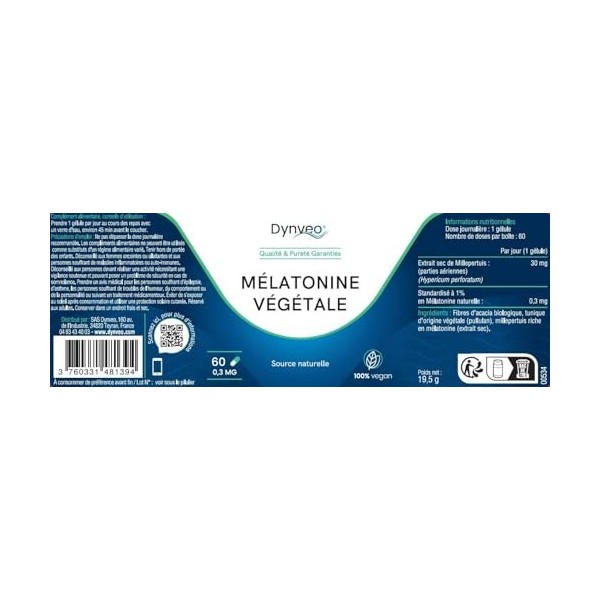 Mélatonine Naturelle Végétale 0,3 mg - 60 Gélules 1 mois - Sommeil rapide, Réduction temps d’endormissement, Mieux dormir - M...