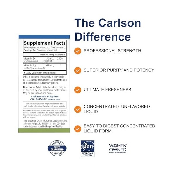 Carlson Labs Super Daily D3 + K2, 2000 IU - 10 ml. Multi-vitamines