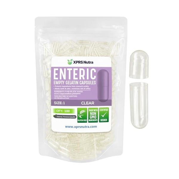 XPRS Nutra Lot de 100 gélules vides de taille 1 - Enduit entérique transparent - Pilules à libération retardée - Remplissage 