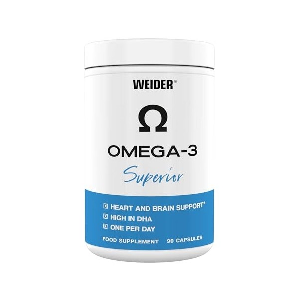 Weider Omega-3 Superior Lot de 90 gélules dhuile de poisson hautement dosées, 1000 mg dhuile de poisson par capsule, acides