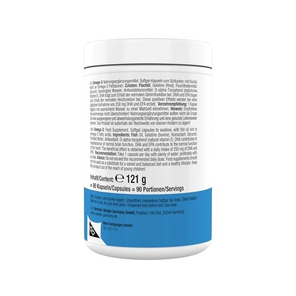 Weider Omega-3 Superior Lot de 90 gélules dhuile de poisson hautement dosées, 1000 mg dhuile de poisson par capsule, acides