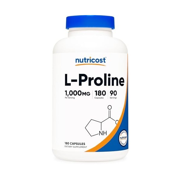 Nutricost L-Proline 1000 mg, 180 gélules 90 portions – 500 mg par capsule, sans OGM, sans gluten