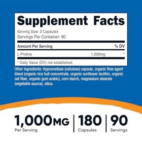 Nutricost L-Proline 1000 mg, 180 gélules 90 portions – 500 mg par capsule, sans OGM, sans gluten