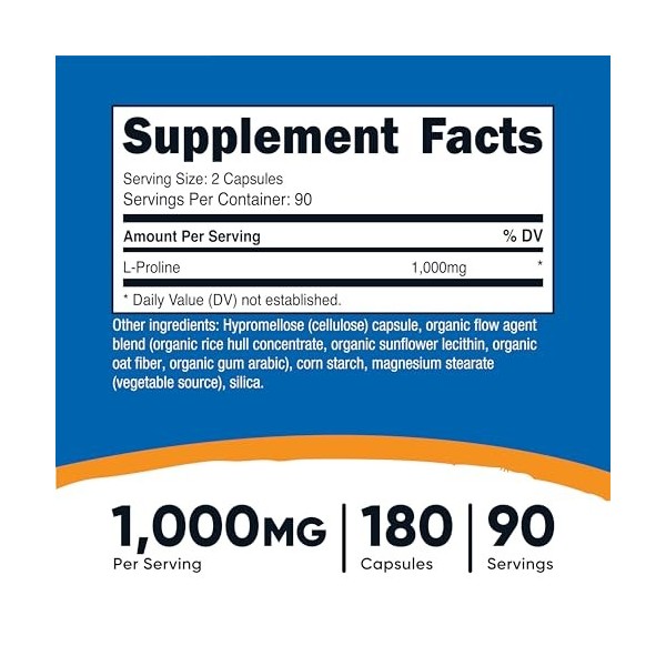 Nutricost L-Proline 1000 mg, 180 gélules 90 portions – 500 mg par capsule, sans OGM, sans gluten