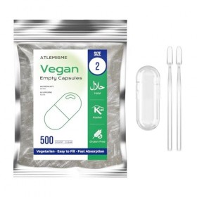 ATLEMISME Gélules Vides Végétales Taille 2 - Lot de 500 avec 2 Cuillères - Sans Gélatine - Gélules Faciles à Remplir et à Dis...