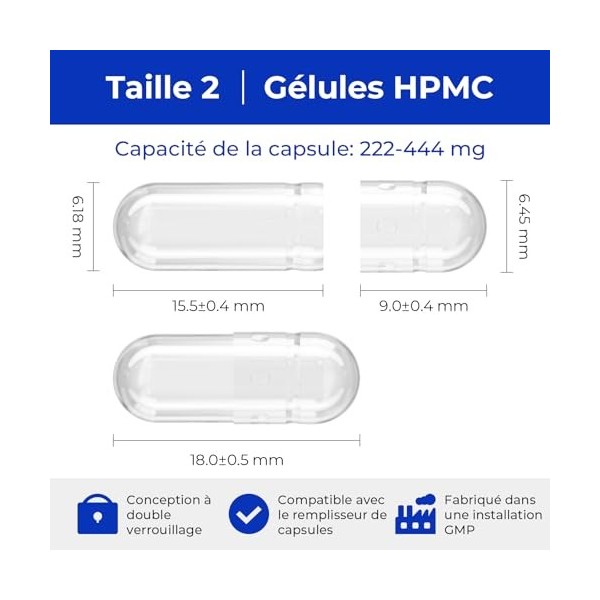 ATLEMISME Gélules Vides Végétales Taille 2 - Lot de 500 avec 2 Cuillères - Sans Gélatine - Gélules Faciles à Remplir et à Dis...