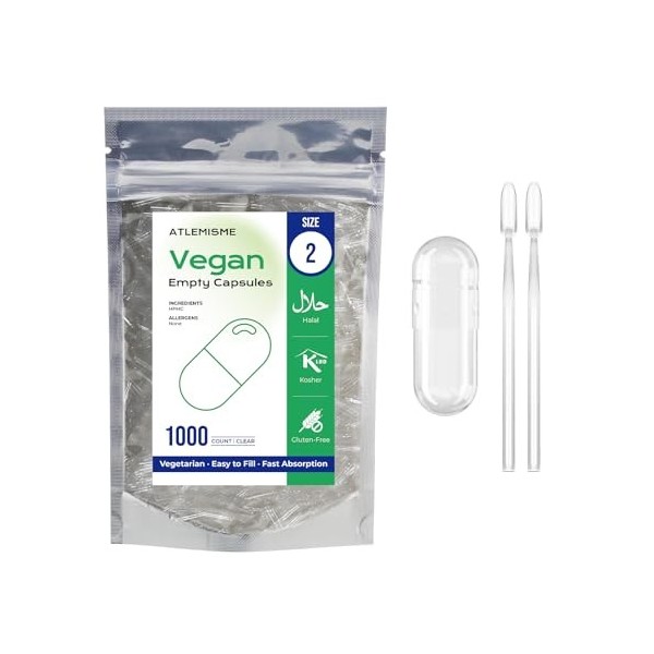 ATLEMISME Gélules Vides Végétales Taille 2 - Lot de 500 avec 2 Cuillères - Sans Gélatine - Gélules Faciles à Remplir et à Dis...