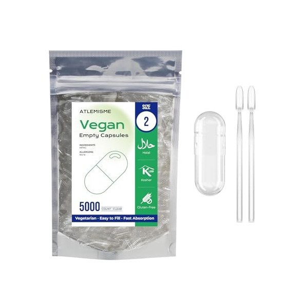 ATLEMISME Gélules Vides Végétales Taille 2 - Lot de 500 avec 2 Cuillères - Sans Gélatine - Gélules Faciles à Remplir et à Dis...