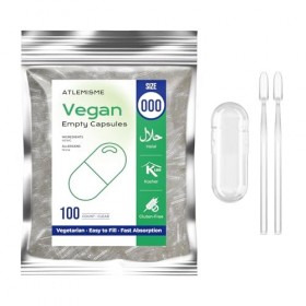 ATLEMISME Gélules Vides Végétales Taille 000 - Lot de 100 avec 2 Cuillères - Sans Gélatine - Gélules Faciles à Remplir et à D...