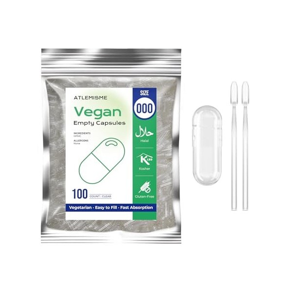ATLEMISME Gélules Vides Végétales Taille 000 - Lot de 100 avec 2 Cuillères - Sans Gélatine - Gélules Faciles à Remplir et à D...