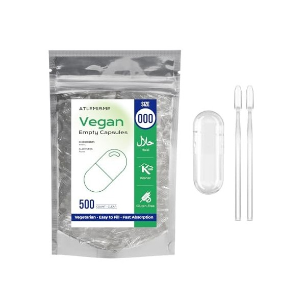 ATLEMISME Gélules Vides Végétales Taille 000 - Lot de 100 avec 2 Cuillères - Sans Gélatine - Gélules Faciles à Remplir et à D...