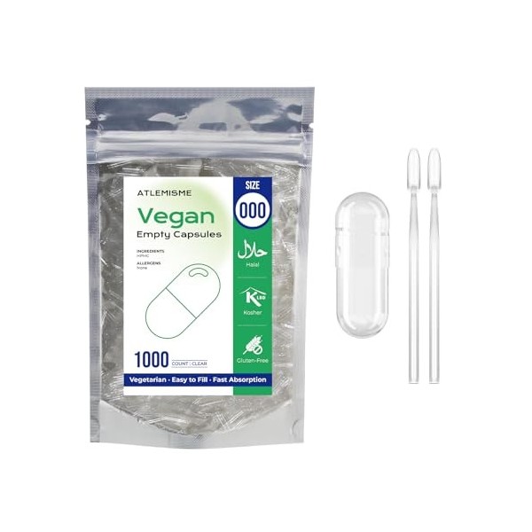 ATLEMISME Gélules Vides Végétales Taille 000 - Lot de 100 avec 2 Cuillères - Sans Gélatine - Gélules Faciles à Remplir et à D...