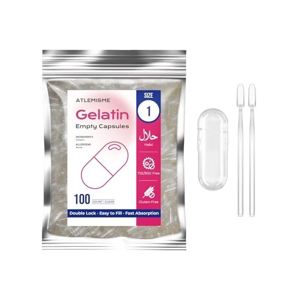 ATLEMISME Capsules Vides en Gélatine - Taille 1, Lot de 100 - Qualité Premium, Dissolution Rapide, Idéales pour Suppléments A...