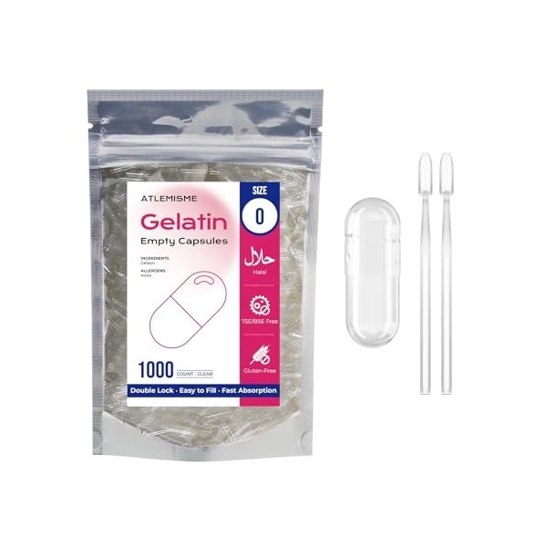 ATLEMISME Capsules Vides en Gélatine - Taille 0, Lot de 1000 - Qualité Premium, Dissolution Rapide, Idéales pour Suppléments ...