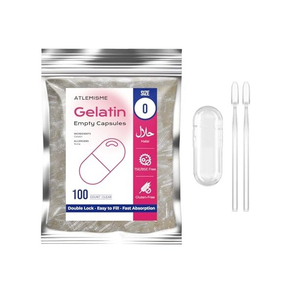 ATLEMISME Capsules Vides en Gélatine - Taille 0, Lot de 1000 - Qualité Premium, Dissolution Rapide, Idéales pour Suppléments ...