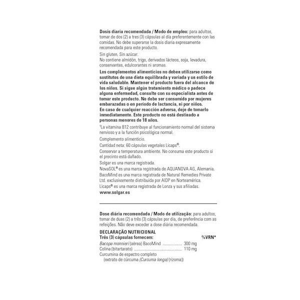 Brain Works avec le curcuma à spectre complet et BacoMind 60 capsules végétales