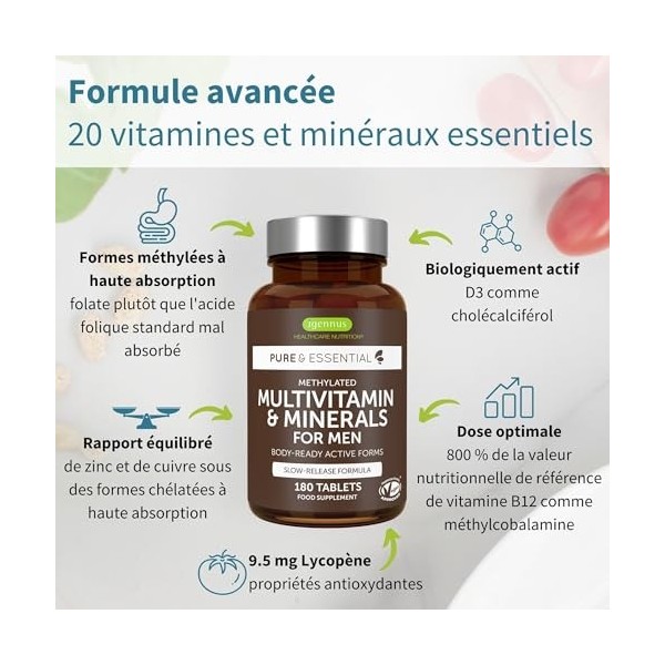 Multivitamines & Minéraux pour Hommes avec Lycopène, Zinc, Vitamine D3, B6 et B12 Méthylées pour plus d’Énergie, la Santé Imm...