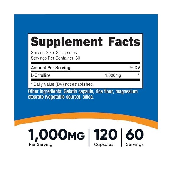 Nutricost L-Citrulline 1,000 mg, 120 gélules - Sans gluten, sans OGM Multi-vitamines