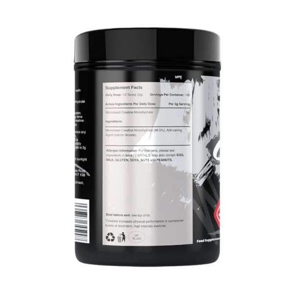 Warrior Créatine Monohydrate Poudre Micronisée – Supplément Sportif pour Musculation, Force et Récupération – 500 g, Portion 