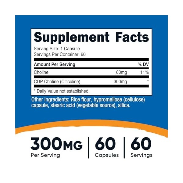 Nutricost CDP Choline Citicoline 300 mg, 60 gélules végétariennes - Sans OGM, végétalien, sans gluten