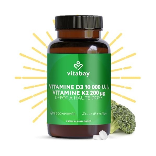 Vitabay Vitamine D3 + K2 Depot – 180 comprimés végétaliens – hautement dosé – 10 000 UI vitamine D3 avec K2 MK7 all-trans – s