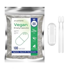 ATLEMISME Gélules Vides Végétales Taille 00 - Lot de 100 avec 2 Cuillères - Sans Gélatine - Gélules Faciles à Remplir et à Di...