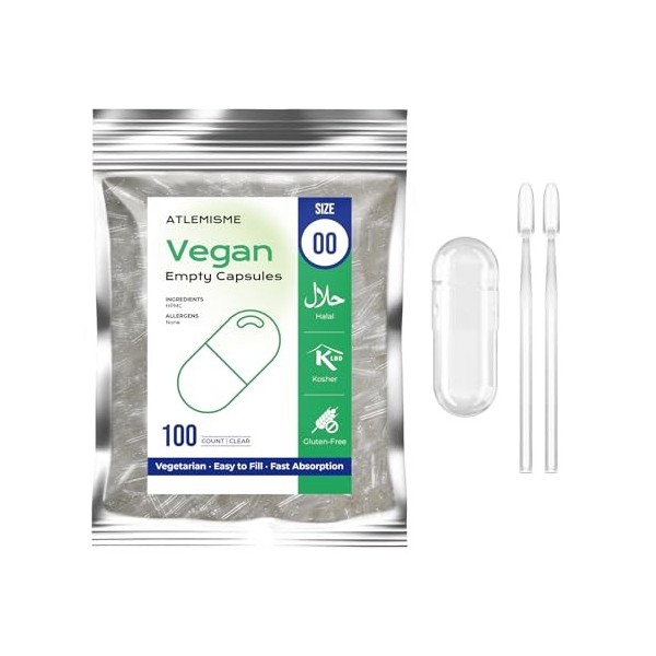 ATLEMISME Gélules Vides Végétales Taille 00 - Lot de 100 avec 2 Cuillères - Sans Gélatine - Gélules Faciles à Remplir et à Di...