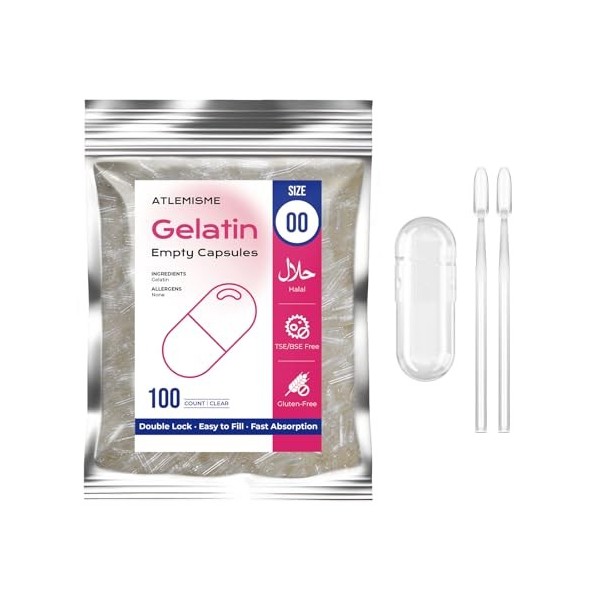 ATLEMISME Capsules Vides en Gélatine - Taille 00, Lot de 100 - Qualité Premium, Dissolution Rapide, Idéales pour Suppléments ...