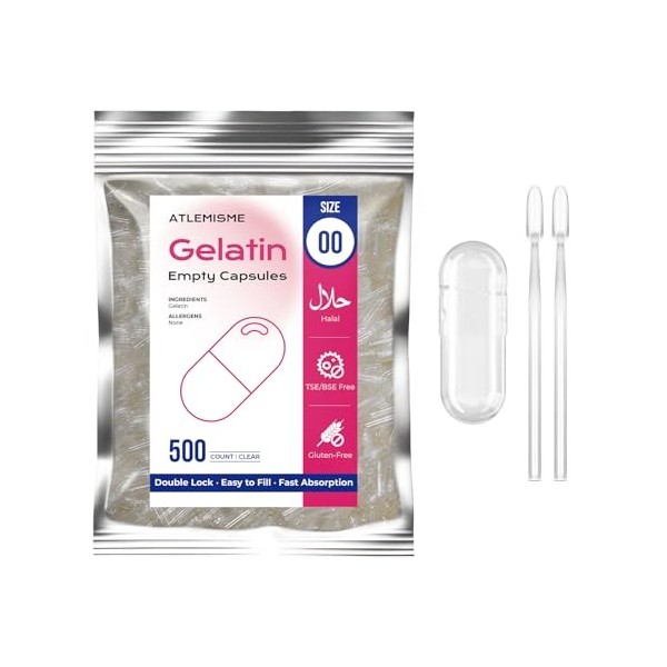 ATLEMISME Capsules Vides en Gélatine - Taille 00, Lot de 100 - Qualité Premium, Dissolution Rapide, Idéales pour Suppléments ...